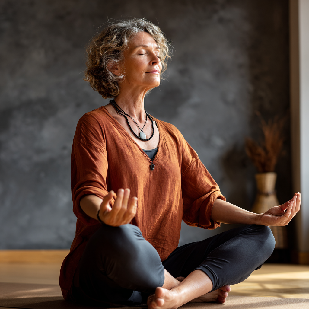 Middle-aged instructor demonstrating gentle yoga poses in peaceful indoor studio setting