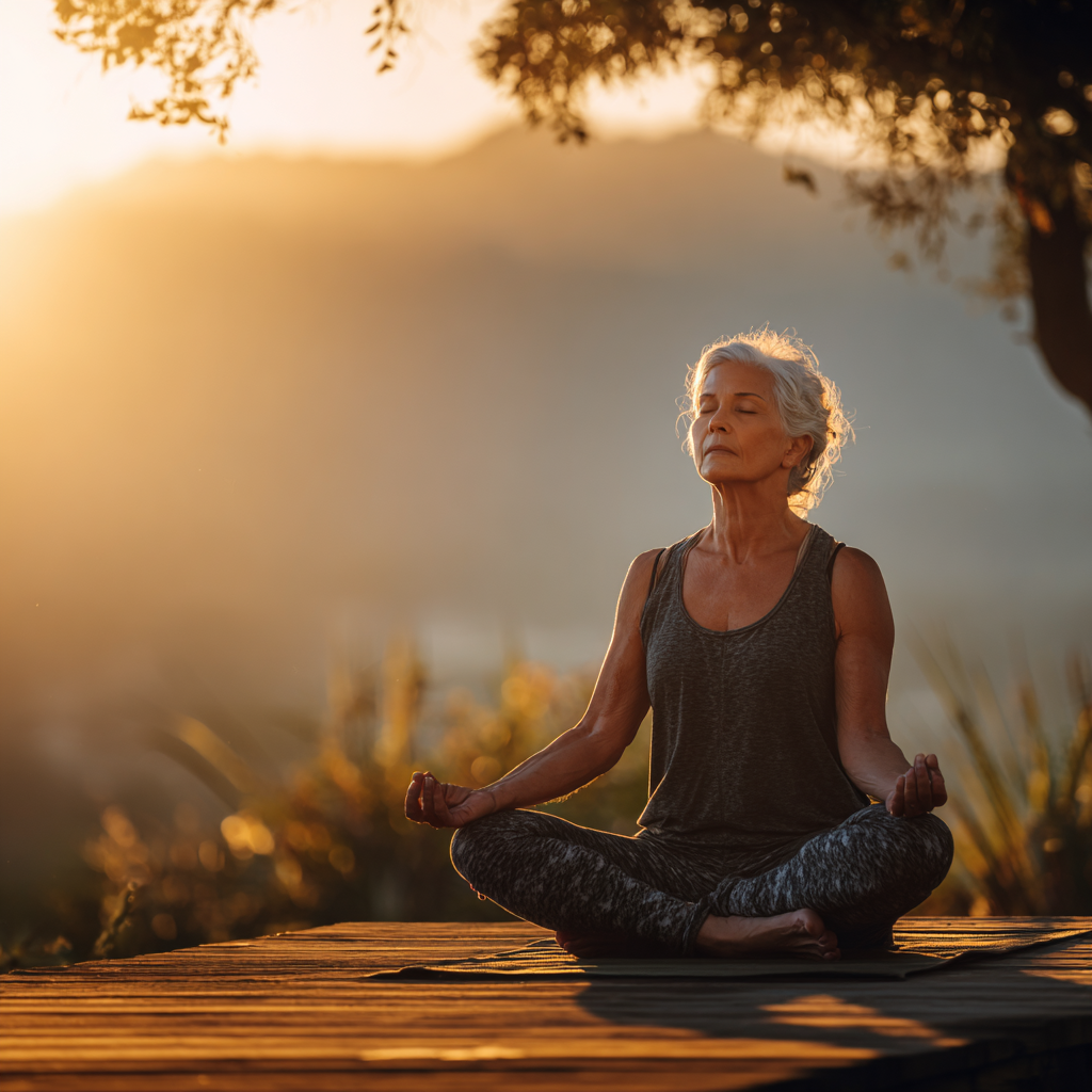 Peaceful mature woman practicing yoga meditation in serene natural environment